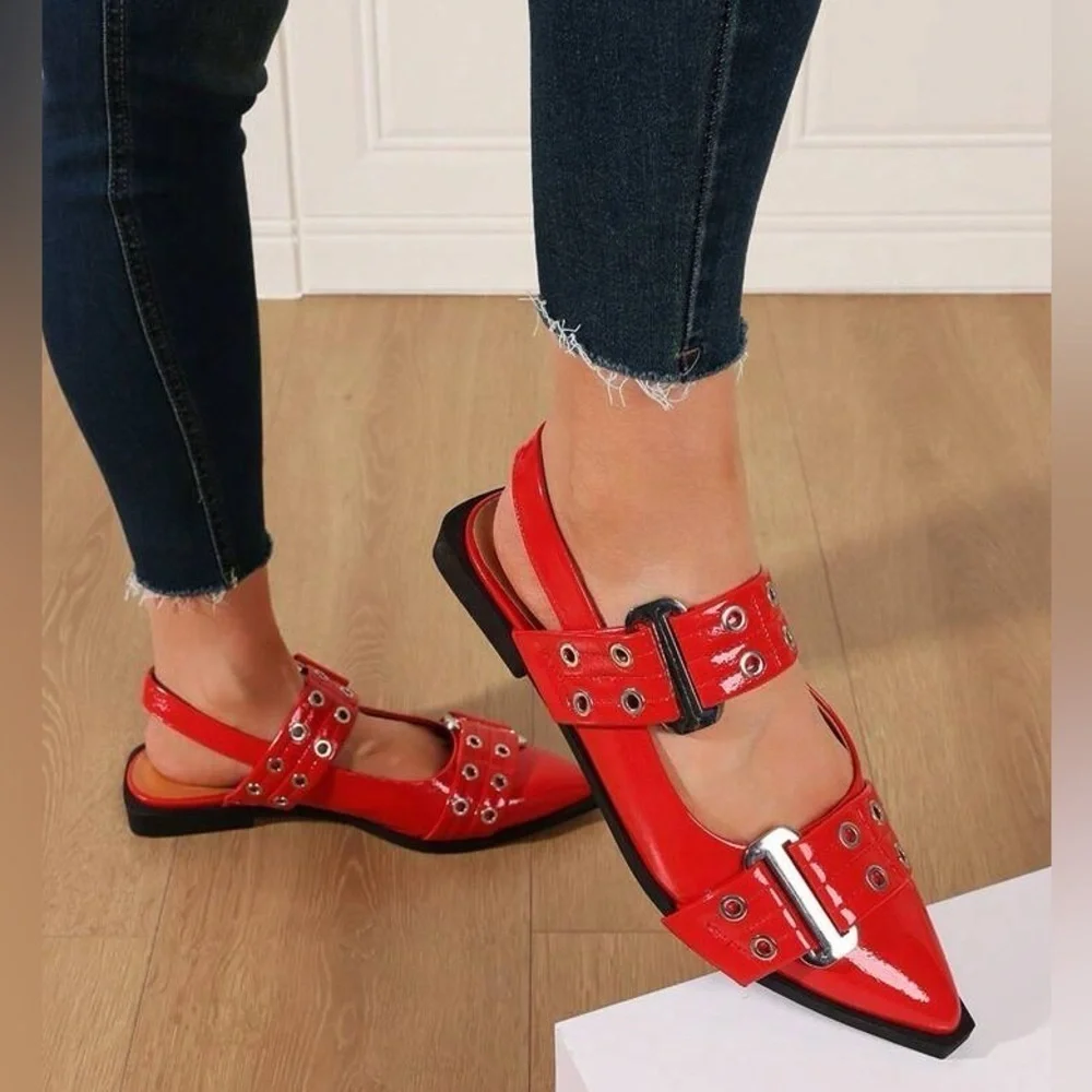 Red Patent leather Flats chunky buckle with silver detail size 44 EU size 13.5